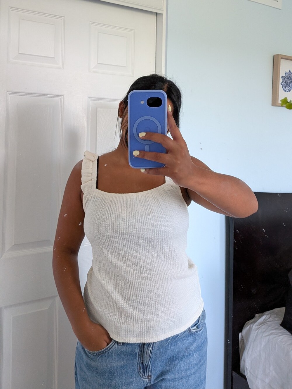 Women’s Cream Ruffled Strap Knit Tank Top